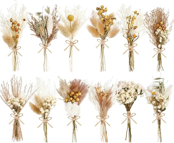 Set of small dried wildflower bouquets in natural colours