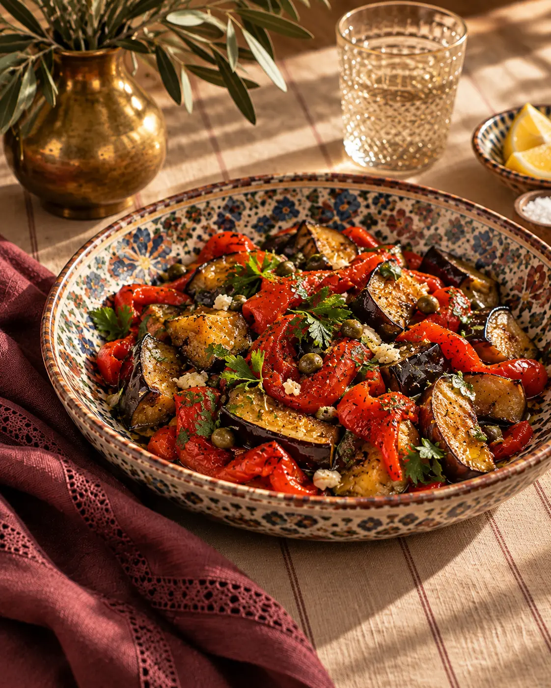Roasted eggplant and red pepper salad with garlic, parsley and capers
