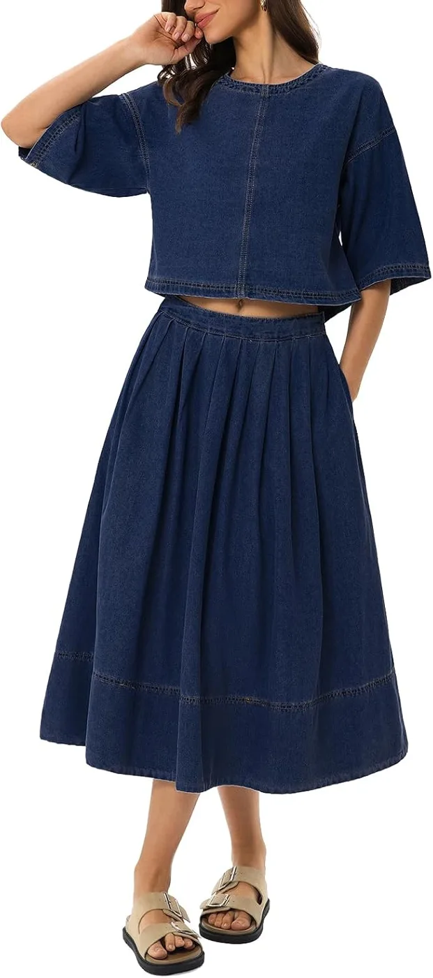 Kedera Womens 2 Piece Skirt Sets Summer Short Sleeve Denim Shirt Tops and Midi Skirts Dress Travel Vacation Outfits