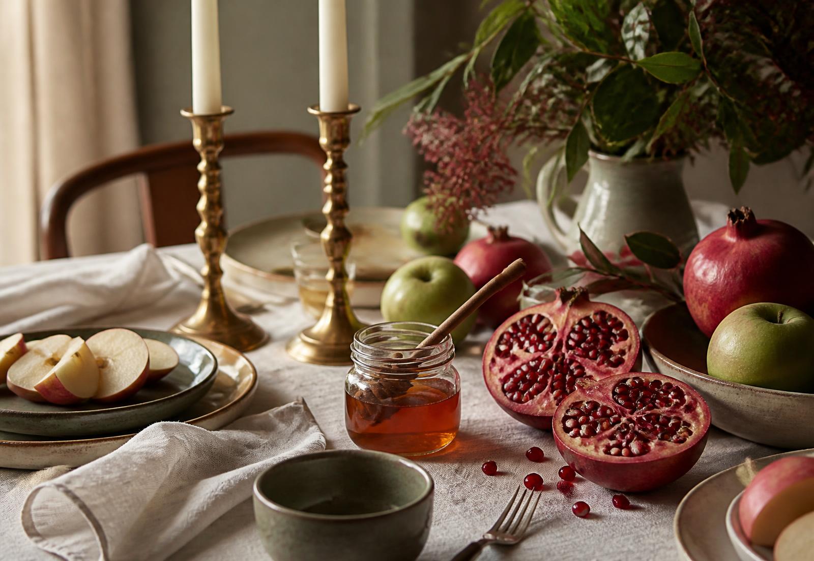 Rosh Hashana table set with halved pomegranates, apples, a jar of honey and brass candlesticks in window light